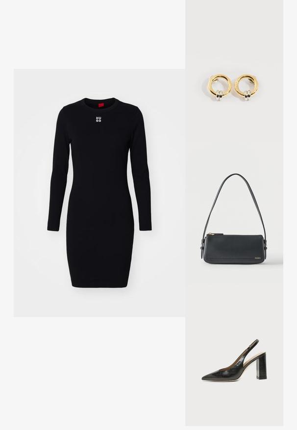 Schwarzes langärmeliges Kleid aus weichem, dehnbarem Stoff. Mit Rundhalsausschnitt und weißem "HUGO"-Logo auf der Brust. Figurbetontes Design.; Schwarzer Leder-Slingback-Schuh mit spitzer Kappe, hohem Blockabsatz und beigegefüttertem Innenraum vor hellem, einfarbigem Hintergrund.; Schwarze rechteckige Lederschultertasche mit goldenem Reißverschluss und kleinem goldenem "HUGO"-Logo auf der Vorderseite, mit verstellbarem Riemen und Schnalle.; Goldene runde Ohrringe mit jeweils zwei kleinen silbernen Ringen, die dezent gravierte Markennamen zeigen, vor weißem Hintergrund platziert.