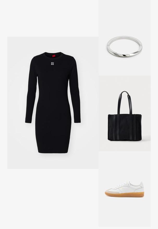Zwarte lange mouwen jurk van zacht, rekbaar materiaal. Heeft een ronde halslijn en het "HUGO" logo in het wit op de borst. Strak aansluitend ontwerp.; Witte leren sneaker met beige suède accenten, gumrubberen zool en vetersluiting. Heeft subtiele branding in goud.; Zwarte rechthoekige draagtas met twee lange handvatten en verticale leren accenten aan de voorkant, tegen een effen lichte achtergrond.; Zilveren metalen armband met een gladde, glanzende oppervlakte en platte randen. Heeft een open cirkelontwerp met een subtiele sluiting.