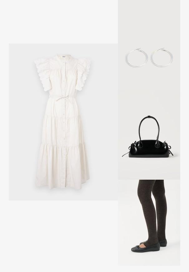 Vestido midi blanco con diseño en capas, botones en el frente y mangas de volantes con forma de concha. Hecho de una tela ligera con detalle de cintura ajustable.; Piernas con leggings oscuros acanalados combinados con bailarinas negras que presentan pequeños detalles de lazo sobre un fondo blanco.; Pequeño bolso negro brillante con dos asas largas y detalles de cordón lateral sobre un fondo claro liso.; Pareja de pendientes de aro plateados brillantes con cierres de alambre delgado, mostrados sobre un fondo gris claro.