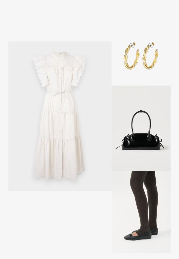 Robe midi blanche avec un design à niveaux, un devant à boutons et des manches à volants festonnés. Fabriquée en tissu léger avec un détail de taille à nouer.; Jambes portant des leggings côtelés foncés associés à des ballerines noires avec de petits détails en nœud sur fond blanc.; Petit sac à main noir brillant avec deux longues anses et des détails à cordon sur les côtés sur un fond clair uni.; Boucles d'oreilles créoles dorées torsadées avec une surface lisse, présentant un dos transparent et une quincaillerie dorée.