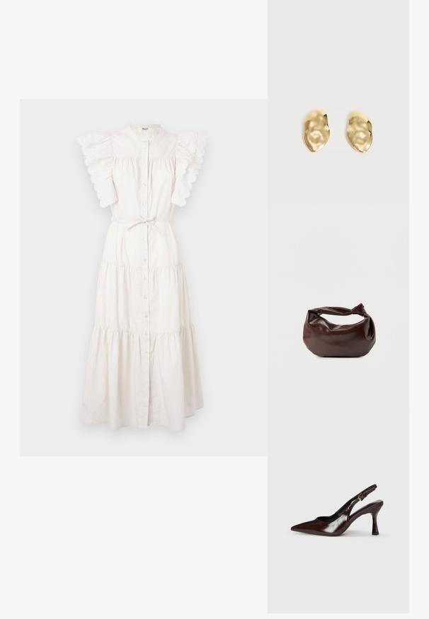 Robe midi blanche avec un design à niveaux, un devant à boutons et des manches à volants festonnés. Fabriquée en tissu léger avec un détail de taille à nouer.; Talons slingback en cuir verni brun avec un bout pointu, un talon fin, et une sangle réglable avec une petite boucle.; Sac bandoulière en cuir marron foncé avec une forme souple et décontractée et une anse nouée torsadée sur un fond blanc uni.; Paire de boucles d'oreilles en métal doré brillant, de forme irrégulière, avec une surface froissée et lisse sur un fond clair uni.