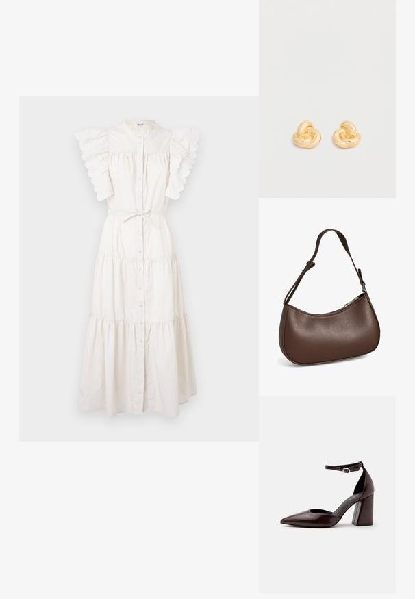 Vestido midi blanco con diseño en capas, botones en el frente y mangas de volantes con forma de concha. Hecho de una tela ligera con detalle de cintura ajustable.; Zapato de tacón alto de cuero marrón oscuro con punta puntiaguda, correa en el tobillo y hebilla plateada sobre fondo blanco.; Pequeño bolso bandolera de cuero marrón con correa ajustable y cierre de cremallera, mostrado sobre un fondo blanco. Sin logotipos ni adornos visibles.; Par de pendientes de botón en forma de nudo con acabado dorado brillante sobre un fondo blanco liso.