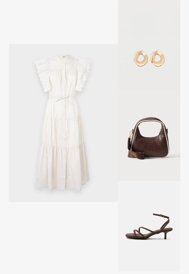 Robe midi blanche avec un design à niveaux, un devant à boutons et des manches à volants festonnés. Fabriquée en tissu léger avec un détail de taille à nouer.; Sandale marron à talons hauts avec fines lanières croisées et bride de cheville avec boucle argentée sur fond blanc.; Sac à main en cuir tressé marron avec passepoil blanc, fermeture éclair dorée et bandoulière amovible en tissu marron.; Paired boucles d'oreilles en métal doré poli de forme irrégulière avec un centre ouvert sur un fond blanc uni.