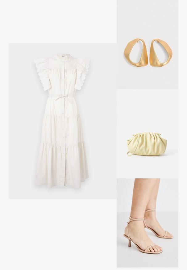 Robe midi blanche avec un design à niveaux, un devant à boutons et des manches à volants festonnés. Fabriquée en tissu léger avec un détail de taille à nouer.; Sandales nues à brides avec une fine bride de cheville, un design à bout carré et un petit talon carré. Texture lisse avec un minimum de détails.; Sac à main plissé jaune en simili cuir lisse, arborant une forme douce avec une bandoulière unique et un design froncé sur le dessus.; Paire de boucles d’oreilles créoles en or irrégulières et asymétriques avec une finition lisse et mate sur un fond neutre.