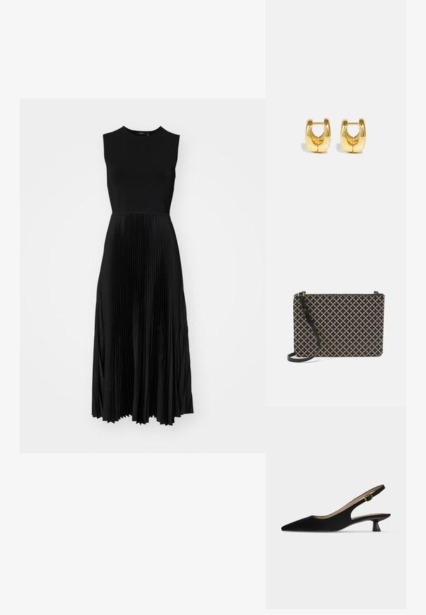 Sort ærmeløs kjole med en tætsiddende overdel og en plisseret nederdel. Glat tekstur med en elegant fald, der når til midt på læggen.; Sort, spids slingback-sko med lav kitten-hæl og guldfarvet spænderem, vist i profil på ensfarvet lyst baggrund.; Sorte og beige mønstrede håndtaske med en rektangulær form, der har et krydsmønster, en lynlåslukning og en aftagelig sort rem.; Guld hoops øreringe med et slankt, afrundet design. Har en hul midte og en blank overflade, der komplementerer moderne stilarter.