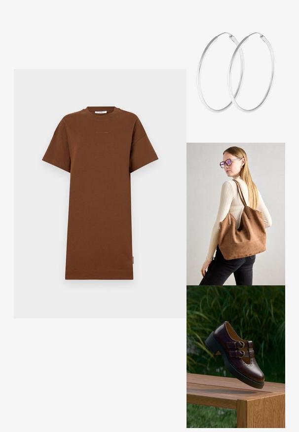 Camiseta de algodón marrón oversize con mangas cortas y cuello redondo; presenta un logo sutil en el pecho y una etiqueta en el dobladillo.; Zapato de cuero marrón oscuro con correas de doble hebilla, detalles perforados y suela negra gruesa, suspendido sobre una mesa de madera al aire libre.; Bolso de tote de ante marrón con textura suave, gran abertura y asas largas. Presenta un diseño sencillo con costuras visibles y sin herrajes.; Pendientes de aro en tono plateado con forma redonda y un acabado pulido. Ambos pendientes son del mismo tamaño y cuentan con un mecanismo de cierre seguro.