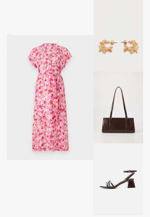 Maxikleid aus leichtem Stoff mit einem lebhaften Blumenmuster in Rosa- und Rottönen. Mit kurzen Ärmeln, einem Bindegürtel und Knöpfen.; Dunkelbraune Sandale aus Lackleder mit Blockabsatz, Knöchelriemen mit Schnalle und zwei dünnen Riemen über den Zehen auf weißem Hintergrund.; Braune Lackleder-Handtasche in rechteckiger Form, mit zwei langen Griffen und subtilen, geschwungenen Akzenten auf der Vorderseite.; Ohrstecker in Goldoptik mit abstrakter, organischer Form, die eine strukturierte Oberfläche und einen Steckverschluss aufweisen.