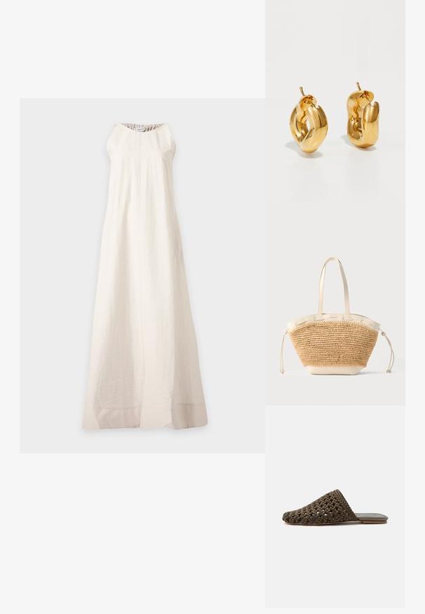 Longue robe blanche sans manches avec un col rond et une texture subtile, suspendue sur un fond gris clair.; Mule tissée marron à enfiler avec une semelle plate et un bout fermé arrondi sur fond blanc.; Sac fourre-tout en paille tissée beige avec poignées, bordures et côtés à cordon en cuir crème sur fond gris clair.; Boucles d'oreilles créoles en or massif avec un design tubulaire légèrement tordu et des fermoirs à tige sur un fond blanc.