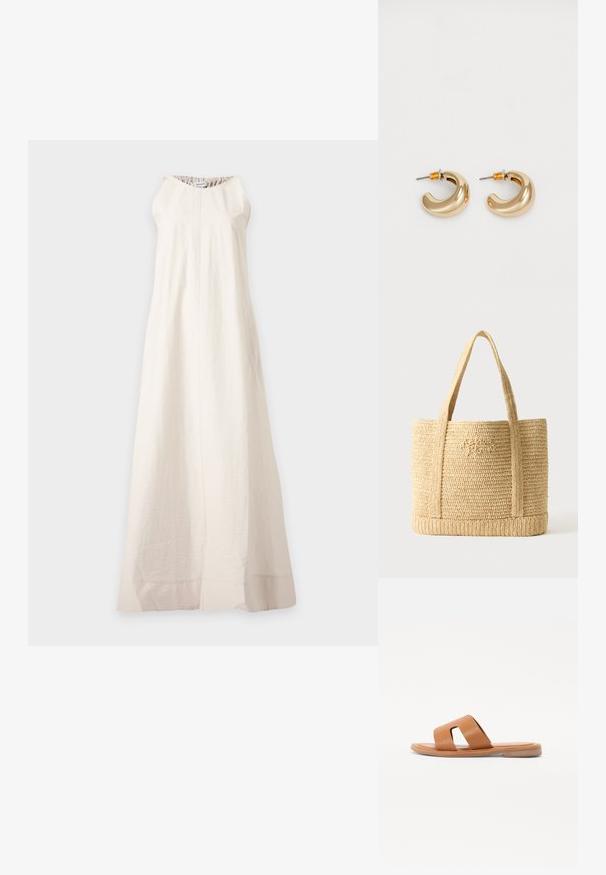 Longue robe blanche sans manches avec un col rond et une texture subtile, suspendue sur un fond gris clair.; Sandale en cuir marron avec une semelle plate, dotée d'une large bande avec accents découpés et d'une texture lisse. Design simple et minimaliste.; Sac cabas en paille tressée beige avec deux bretelles et une broderie cursive subtile sur le devant, sur un fond uni.; Deux boucles d'oreilles en forme de cerceau en or brillant, avec un design courbé, présentant des accents orange près de la tige, sur fond blanc uni.