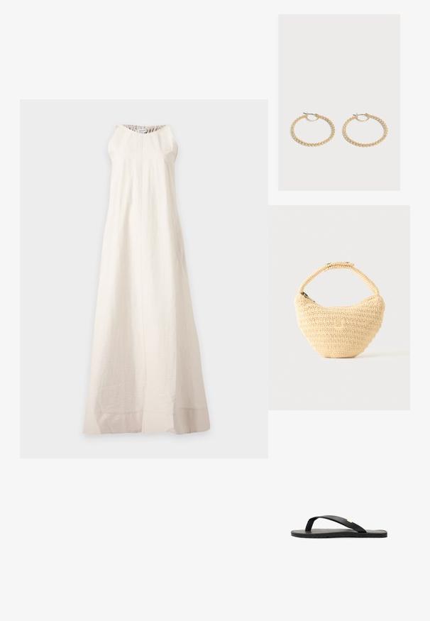 Longue robe blanche sans manches avec un col rond et une texture subtile, suspendue sur un fond gris clair.; Tongs noires avec une semelle plate, une semelle intérieure texturée noire, des sangles lisses et un petit accent doré près du séparateur de orteils.; Sac à main beige tissé avec corps arrondi, fermeture éclair et une sangle courte et épaisse dans un style crochet simple et texturé.; Paire de boucles d'oreilles créoles en or de taille moyenne avec un design texturé et perlé sur un fond clair uni.