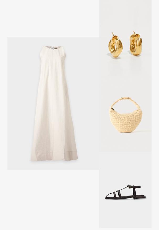 Longue robe blanche sans manches avec un col rond et une texture subtile, suspendue sur un fond gris clair.; Sandale plate marron foncé avec des brides texturées, boucle à la cheville et design à bout ouvert sur un fond clair uni.; Sac à main beige tissé avec corps arrondi, fermeture éclair et une sangle courte et épaisse dans un style crochet simple et texturé.; Boucles d'oreilles créoles en or massif avec un design tubulaire légèrement tordu et des fermoirs à tige sur un fond blanc.