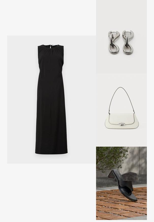 Ärmelloses schwarzes Maxikleid mit rundem Ausschnitt, dezenten Raffungen an den Schultern und einem knielangen Schlitz am Rücken. Glattes, leichtes Material.; Schwarze Calvin Klein Sandale mit Absatz und Zehenschlaufe auf einem Holzkachelfußboden im Freien neben einem Baum und einer Steinmauer.; Weiße Lederhandtasche mit geschwungenem Design, kontrastierender schwarzer Naht und einem silbernen Verschluss mit dem Calvin Klein-Logo.; Paar silberfarbene Metallohrringe mit abstraktem ineinandergreifendem Schlaufen-Design auf weißem Hintergrund.