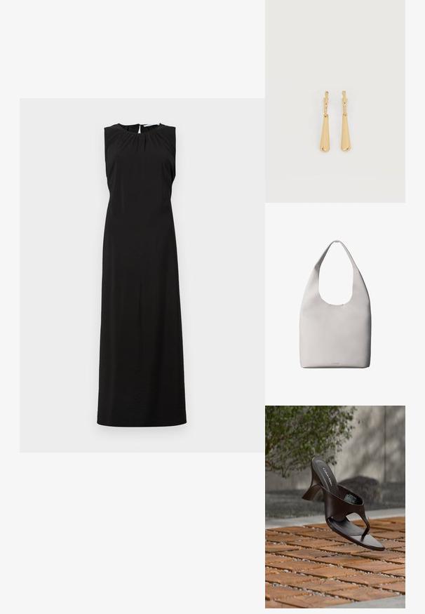 Mouwloze zwarte maxi-jurk met een ronde halslijn, subtiele plooien op de schouders en een knielange split aan de achterkant. Gladde, lichte stof.; Bruine Calvin Klein teenslipper met hak, hangend boven houten tegels en grind op een buitenvloer met een vage achtergrond van groen en stenen.; Witte leren totebag met een enkele schouderriem, zachte textuur en een discreet Calvin Klein-logo nabij het midden onderaan.; Oorbellen in goudkleur met glanzende, langgerekte druppelvormige hangers die aan kleine oorringen hangen, op een witte achtergrond.