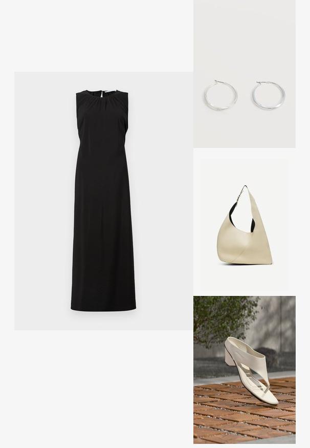 Mouwloze zwarte maxi-jurk met een ronde halslijn, subtiele plooien op de schouders en een knielange split aan de achterkant. Gladde, lichte stof.; Witte leren sandalen met hak, brede band en teenstuk, buiten tentoongesteld op een houten en kiezel betegeld oppervlak met groen op de achtergrond.; Roomkleurige leren schoudertas met een glad oppervlak, een gebogen driehoekige vorm en een verstelbare band met zilveren gesp.; Zilverkleurige metalen creolen oorbellen met een glad, licht gebogen oppervlak en sluitingen met haaksluiting op een effen witte achtergrond.