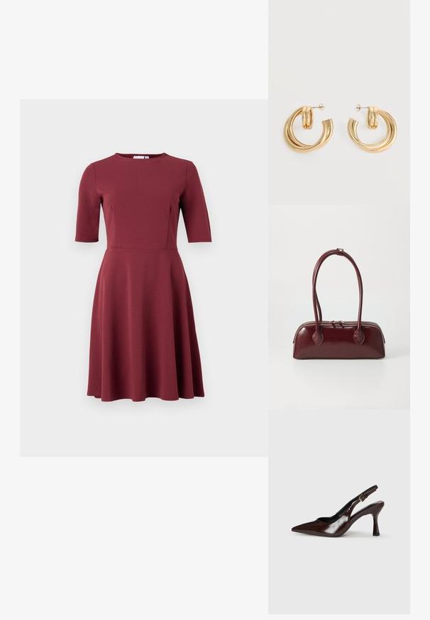 Vestido burdeos con escote redondo, mangas cortas, corsé ajustado y falda acampanada. Hecho de una tela suave sin patrones o adornos visibles.; Zapatos de tacón slingback de charol marrón con punta afilada, tacón delgado y correa ajustable con una pequeña hebilla.; Bolso de piel burdeos con forma curva, asas dobles, cierre de cremallera y sutilezas en los detalles de costura. Acabado suave y brillante.; Par de pendientes de aro doble brillante de oro con cierres de presión sobre un fondo blanco.