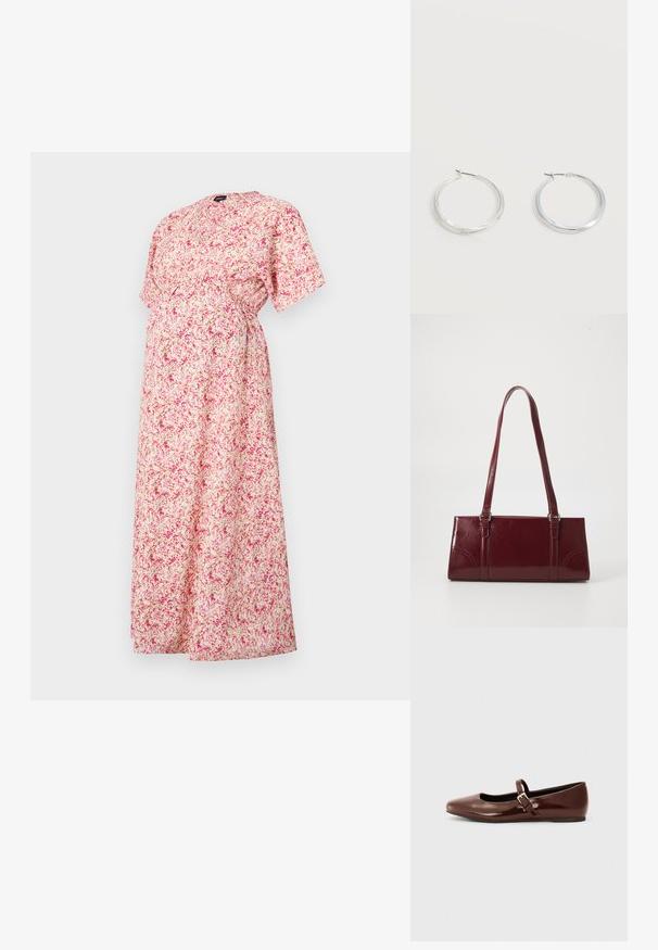 Kergelt roosa lilleline rasedustee, millel on vabalt langev lõige, lühikesed varrukad ja kogutud vöökoht. Omab väikest ümmargust kaelust ja erinevaid lillemustreid.; Pruun patendiga nahast pallisaapad ruudukujulise varbaga ja rihmaga, millel on väike kuldne pandla. Sile tekstuur, madal konts ja minimalistlik disain.; Burgundia värvi käekott, mis on valmistatud läikivast materjalist, ristküliku kujuline, kahe õlapaelaga ning ees on peened kaarjad aktsendid.; Hõbedased metallist rõngakujulised kõrvarõngad, millel on sile, kergelt kaarduv pind ja lukustuvad tagused kinnitused, valgel taustal.