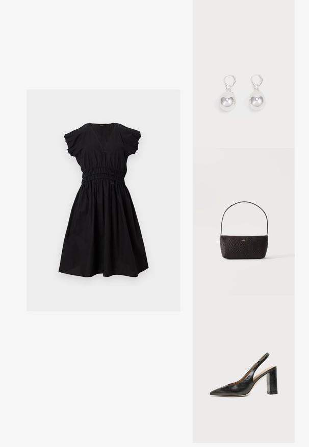 Robe noire longueur genoux avec décolleté en V, manches courtes bouffantes, taille élastiquée cintrée et jupe évasée sur fond blanc.; Chaussure slingback en cuir noir à bout pointu avec un talon bloc haut et une doublure intérieure beige sur un fond clair uni.; Sac à main noir tissé texturé avec une seule bandoulière et un petit logo doré "BOSS" au centre devant.; Boucles d'oreilles en argent en forme de goutte avec des surfaces lisses, rondes et réfléchissantes, suspendues à des fermoirs à ressort. L'arrière-plan est blanc uni.