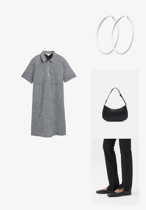 Korte mouwen jurk van grijs geweven stof met een ruitpatroon, voorzien van een kraag, knoopsluiting en twee voorzakken.; Benen met zwarte smalle broek met voorsplitten aan de zoom, gecombineerd met zwarte platte Mary Jane-schoenen met een klein gespje.; Pieces PCALUANA SHOULDER BAG - Handtas - black; Zilverkleurige oorringen met een gladde, ronde vorm en een gepolijste afwerking. Beide oorbellen zijn van dezelfde grootte en hebben een veilige sluitmechanisme.