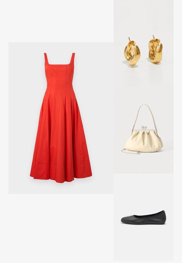 Rode katoenen midi-jurk met een vierkante halslijn, een getailleerd lijfje en een uitlopende rok, voorzien van verticale naden en een gladde textuur.; Zwarte leren ballerina met een ronde neus, gladde textuur, minimale stikdetails en een flexibele zoolontwerp.; Crèmekleurige zachte leren handtas met geplooid ontwerp, zilveren frame sluiting, korte handgreep en een afneembare kettingriem.; Dik gouden creolen met een licht gedraaide, buisvormige ontwerp en een schroefsluiting op een witte achtergrond.