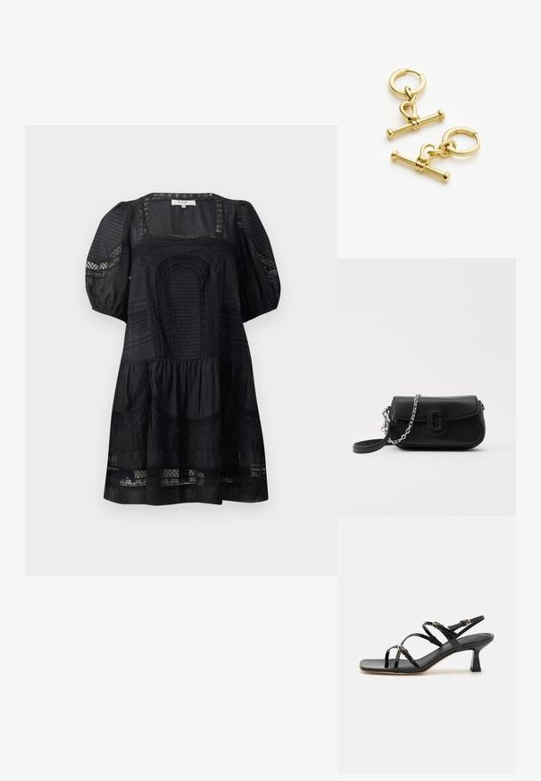 Zwarte jurk met pofmouwen, vierkante halslijn, textuurpatronen en een gelaagde rok. Gemaakt van lichtgewicht stof met kantaccenten.; Zwarte patenten leren sandalen met banden, een vierkante neus en een lage blokhak. Voorzien van goudkleurige hardware en verstelbare enkelsbandjes.; Zwarte leren crossbodytas met zilveren ketting en zwarte schouderband, voorflap met afgeronde rechthoekige logo-detail, op een witte achtergrond.; Gouden metalen oorbellen met een ronde hoop en een decoratieve sluiting met verlengde staafaccenten. Hete glanzende afwerking en een gladde textuur.