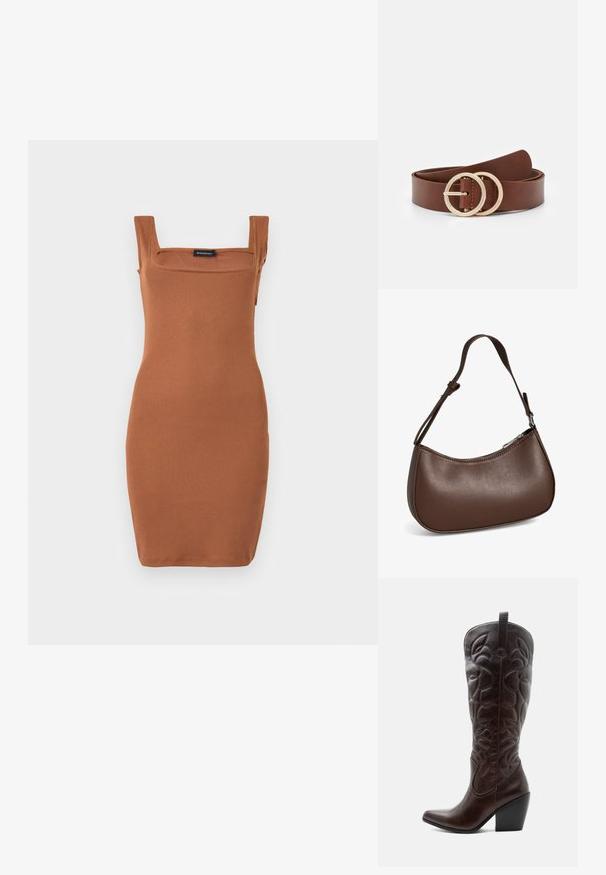 Robe sans manches, col carré, ajustée jusqu’au genou en tissu côtelé marron, présentée sur un fond uni gris clair.; Botte de cowboy haute en cuir marron foncé avec motifs décoratifs cousus, bout pointu et talon bloc empilé.; Petit sac bandoulière en cuir marron avec sangle réglable et fermeture éclair, présenté sur fond blanc. Aucun logo ou décoration visible.; Ceinture en cuir marron dotée de deux boucles circulaires en ton or, avec une texture lisse et un design minimaliste. La longueur et la largeur varient.