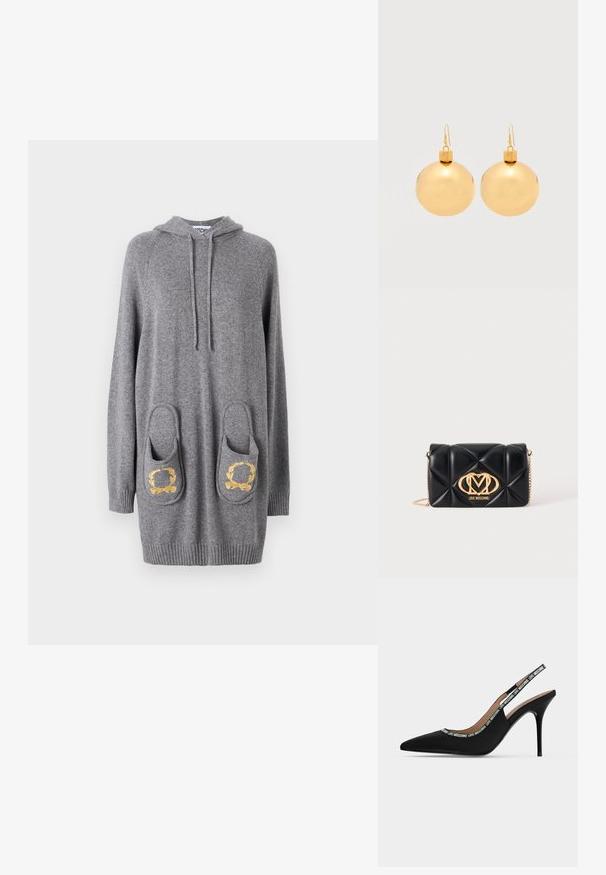 Grå hættekjole lavet af blødt stof, med to store lommer prydet med gyldne bladmønstre, ribbet kant og manchetter.; Sort spids tå slingback stilet hæl sko med tynd stilet hæl og "LOVE MOSCHINO" tekst på remmen og kanten.; Sort quiltet læderhåndtaske med guldkædestrop og gyldent Love Moschino-logo foran i midten.; Par af skinnende gyldne julekugleøreringe med krog-lukninger på en ensfarvet hvid baggrund.