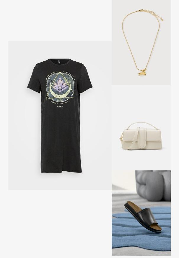 Sort T-shirt-kjole med en afslappet pasform, der har et grafik af en lilla lotusblomst og geometriske mønstre på forsiden. Korte ærmer.; Sort læderslide sandal med brun fodseng hvilende på tekstureret blå måtte, med sløret stor grå skulptur i baggrunden.; Cremefarvet læderhandbag med rektangulær form, flad hank og aftagelig rem; har en frontklap med magnetlukning.; Guldhalskæde med slangeled og en lille gravhundsvedhæng med justerbar lukning og forlængerkæde.
