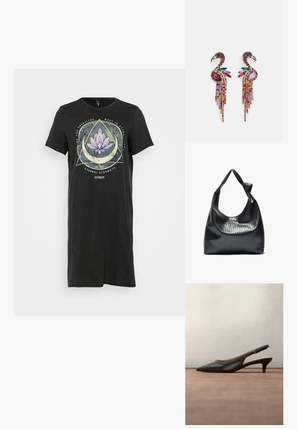 Sort T-shirt-kjole med en afslappet pasform, der har et grafik af en lilla lotusblomst og geometriske mønstre på forsiden. Korte ærmer.; Sort læder slingback-sko med spids tå, gyldne nitteaccents langs kanten og en beskeden hæl. Glat tekstur og slankt design.; Sort vævet lædertaske med en afslappet design, der har et knyttet rem og en lille dekorativ guldstud foran.; Farverige rhinestone øreringe formet som flamingoer med metalaccentuer, der har en blanding af juveltoner og hængende frynser.