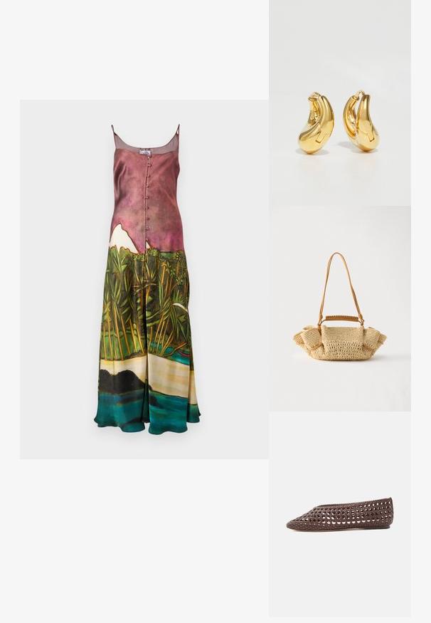 Robe longue en satin avec bretelles fines ; imprimé paysager artistique en rose, vert et bleu ; dotée d'une fermeture à boutons sur le devant et d'une silhouette fluide.; Chaussure plate marron avec un motif ajouré tissé et un bout rond fermé, vue de profil sur un fond clair.; Sac à main beige tressé avec une longue lanière fine et des côtés froncés, avec une petite poignée enveloppée de cuir pour différentes options de port.; Boucles d'oreilles en or en forme de d'anneaux lisses et courbés avec une finition polie. Équipées d'un mécanisme de fermeture et de légères indentations pour le détail.