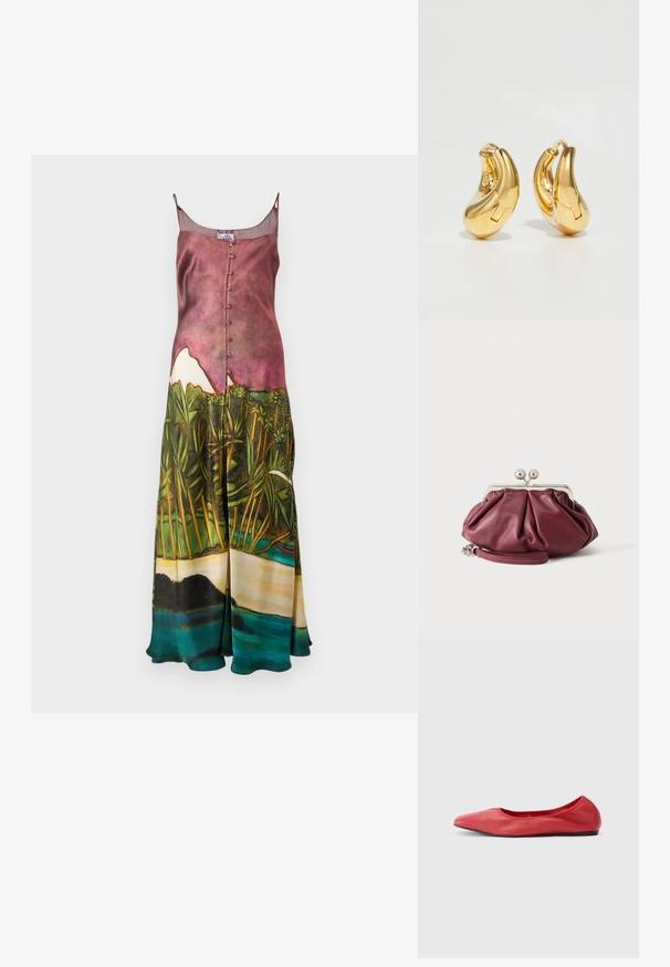 Robe longue en satin avec bretelles fines ; imprimé paysager artistique en rose, vert et bleu ; dotée d'une fermeture à boutons sur le devant et d'une silhouette fluide.; Filippa K REY FLATS - Ballerines - bright red; Petite pochette en cuir bordeaux avec fermoir en métal argenté et bracelet pour poignet sur fond blanc.; Boucles d'oreilles en or en forme de d'anneaux lisses et courbés avec une finition polie. Équipées d'un mécanisme de fermeture et de légères indentations pour le détail.