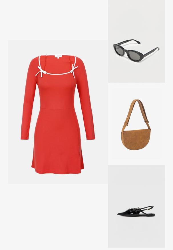 Rode lange mouw jurk met een fitted lijfje, vierkante halslijn, en witte strikaccenten bij de schoudernaden. Glad textuur, boven de knie lengte.; Zwarte slingback schoenen van lakleer met een spitse neus, voorzien van gekruiste bandjes en goudkleurige hardware accenten. Platte zool.; Zwarte ovale zonnebril met dikke monturen en donker getinte glazen, liggend op een lichte ondergrond.; Bruine halfmaanvormige leren schoudertas met verstelbare band en gestikte voorvakklep, met het "HVISK"-logo in reliëf.