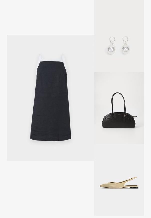 Mouwloze, knie-lange jurk van donkere linnen. Voorzien van witte banden en een eenvoudig ontwerp. Glad textuur en rechte snit.; Beige platte slingback schoen met puntige neus, lage zwarte hak en een glad leren afwerking, zijaanzicht op een effen achtergrond.; Zwarte leren handtas met een ronde vorm, twee lange handvatten, gouden hardware en een klein label bevestigd. Ritsopening aan de bovenkant.; Zilveren druppeloorbellen met gladde, ronde, reflecterende oppervlakken die hangen aan klapring-sluitingen. Achtergrond is puur wit.