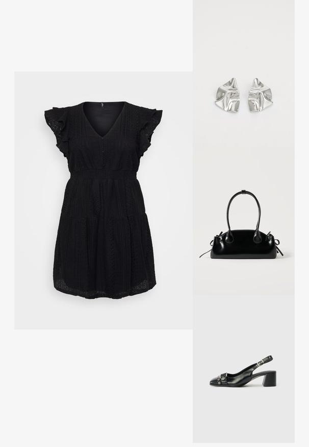 Zwarte jurk met een V-hals, korte rimpelrokken, gestructureerde stof en een aangesloten taille die overgaat in een vloeiende rok.; Zwart leren slingback hak met een spitse neus, eenTextuur strap met cirkelvormige metalen accenten en een gestapelde blokhak.; Kleine zwarte glanzende handtas met twee lange hengsels en zijkant trekkoord details op een effen lichte achtergrond.; Zilveren metalen oorbellen met een golvend, sculpturaal ontwerp, voorzien van een gepolijste afwerking en onregelmatige vormen, die een hedendaagse esthetiek benadrukken.