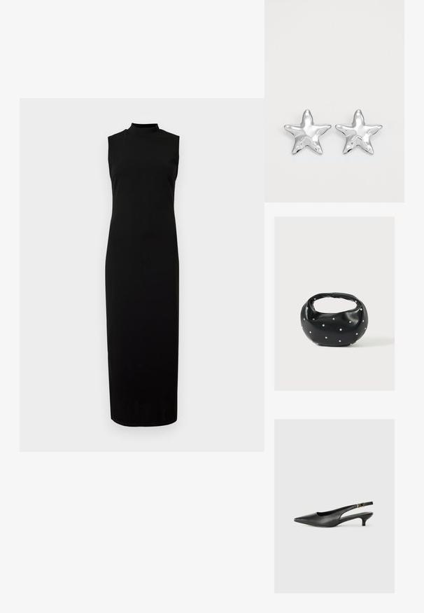 Sort ærmeløs kjole med høj hals. Lavet af et glat, strækbart stof. Tæt figursyet form med en lang, lige kant. Ingen synlige mønstre eller detaljer.; Sorte spidse slingback-sko lavet af glat læder. Har en tynd hæl og en spænde detalje på den justerbare rem.; Sort læderhåndtaske med en rundet form, dekoreret med sølvnitter, og et kort håndtag. Glat tekstur og lynlåslukning.; Sølvstjernede øreringe med en poleret, blank overflade. Hver ørering har fem spidser og subtile teksturdetaljer på overfladen.