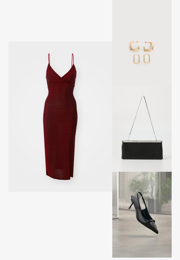 WAL G. EXCLUSIVE NYE GLITTER ARGENTINE MIDI - Kokteilikleit/peokleit - wine; Mustast tekstureeritud nahast slingback kõrge kontsaga king, millel on terav nina ja väike dekoratiivne pandlaga, hõljub üle sileda põranda.; Must pank nahkklamber koos hõbedase metallist keti käepidemega ja laatiline ristkülikukujuline kuju. Matt tekstuur ja minimalistik disain koos metallilise aktsendiga.; Kaks paari kuldse tooniga geomeetrilisi rõngaskõrvarõngaid lihtsal valgel pinnal, üks paar ruudukujuline ja massiivne, teine paar ristkülikukujuline ja õõnes.