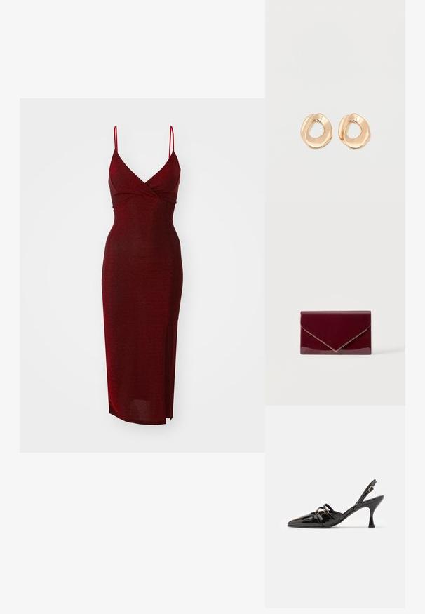 WAL G. EXCLUSIVE NYE GLITTER ARGENTINE MIDI - Cocktail φόρεμα / Φόρεμα για πάρτι - wine; ALOHAS JOELLE ONIX - Κλασικές γόβες - black; Λαστιχένια κόκκινη τσάντα φάκελος με γυαλιστερή επιφάνεια και χρυσή διακόσμηση στην άκρη του καπακιού σε απλό φωτεινό φόντο.; Ζευγάρι σκουλαρικιών κρίκος από μέταλλο σε χρυσή απόχρωση με γυαλιστερό φινίρισμα και ακανόνιστο σχήμα, με ανοιχτό κέντρο, σε λευκό απλό φόντο.
