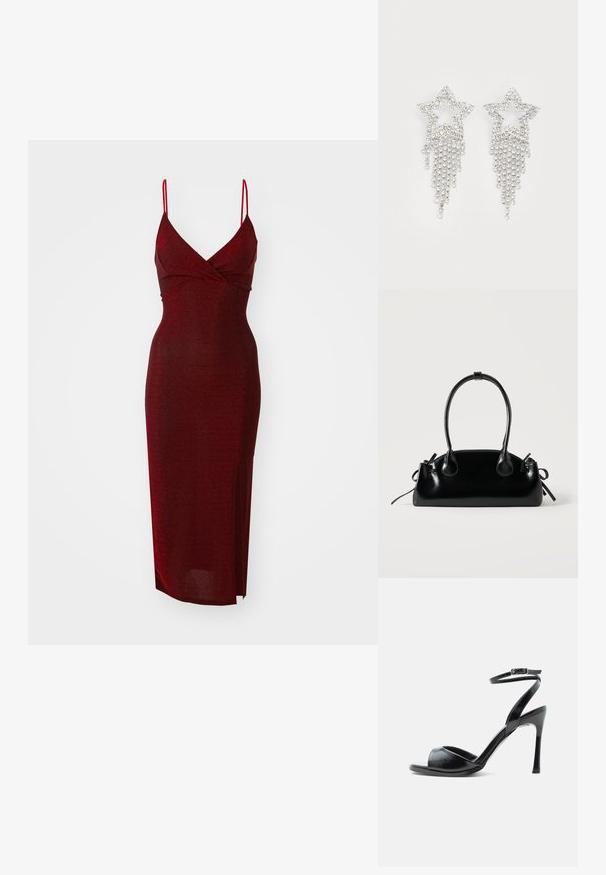 WAL G. EXCLUSIVE NYE GLITTER ARGENTINE MIDI - Kokteilikleit/peokleit - wine; Must kõrge kontsaga sandaal avatud varbaga, peene kontsaga ja reguleeritava pandlaga pahkluu rihmaga valgel taustal.; Väike must läikiv käekott kahe pika sangaga ja külgedel paelakinnitustega, ühel lihtsal helel taustal.; Rhinestone-iga tähe kõrvarõngad, millel on voogav frantsiisi detail, hõbedases toonis ja läikiv, peegeldav pind. Tähekuju koos keeruka disainiga.