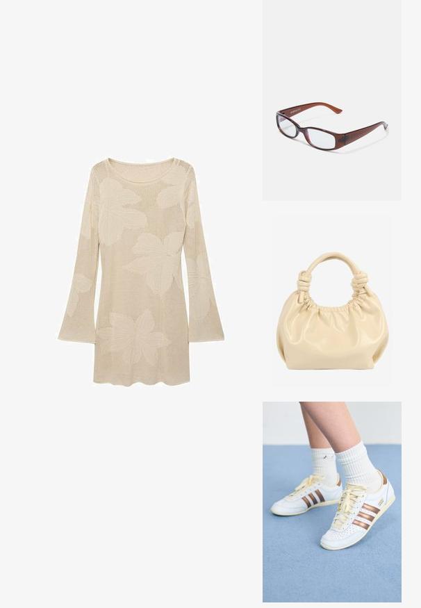 Beige gebreide trui met lange mouwen en een ronde halslijn, met grote bladvormen en een mesh-textuur. Verfijnd met uitlopende mouwen.; Witte sneakers met bronzen strepen, getextureerd leer, gele veters en geperforeerde details. Gedragen met witte geribbelde sokken op een zachte blauwe ondergrond.; Bruin getinte rechthoekige brillen met een glanzende afwerking, met slanke pootjes en doorzichtige glazen. Logo zichtbaar op de linkertempel.; Handtas van zacht leer in crèmekleur met geraffelde bovenkant en geknoopte dubbele handvatten tegen een witte achtergrond.