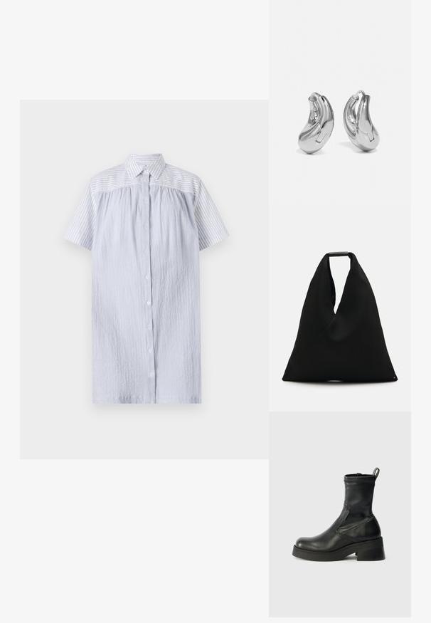 PS Paul Smith WOMENS DRESS - Blousejurk - blue; Zwarte leren enkellaarzen met een ronde neus, rits aan de zijkant, lage blokhak en nette stitching. Gelaagde oppervlakte met een gladde afwerking.; Zwart stoffen draagtas met een uniek V-vormig ontwerp en een gladde textuur. Voorzien van een korte handgreep met minimalistische hardware-details.; Zilveren oorringen met een gebogen, glanzende afwerking en een naadloos ontwerp. Voorzien van een scharnier slot voor veilige draagbaarheid.