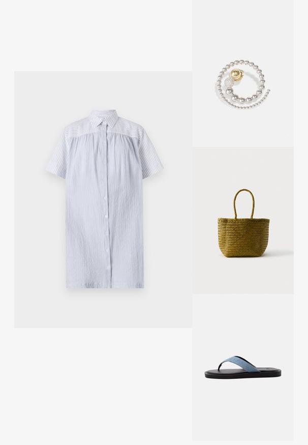 PS Paul Smith WOMENS DRESS - Blousejurk - blue; Zwarte platte sandaal met een lichtblauwe stoffen teenriem en een gevoerde zool op een witte achtergrond.; Geweven stro draagtasje met afgeronde bodem en twee lusvormige handvatten, afgebeeld tegen een egale lichte achtergrond.; Metalen oorknop met een spiraalontwerp, zilveren kralen, een gouden accent en een gestructureerde baldetail met sprankelende elementen.