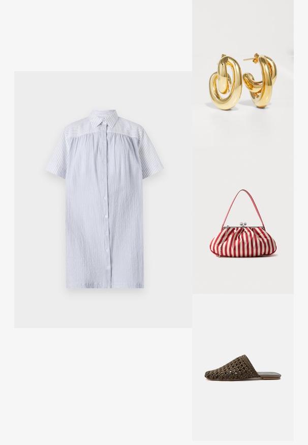 PS Paul Smith WOMENS DRESS - Φόρεμα πουκάμισο - blue; Καφέ υφαντό mule παπούτσι χωρίς κορδόνια, με επίπεδη σόλα και κλειστή στρογγυλεμένη μύτη σε λευκό φόντο.; Υφασμάτινη τσάντα με κόκκινες και λευκές κάθετες ρίγες, ασημένιο κούμπωμα, λεπτό λουράκι και επιπλέον ασημένια αλυσίδα, τοποθετημένη σε μονόχρωμο φόντο.; Charlotte Chesnais BO INITIAL BLOW - Σκουλαρίκια - gold-coloured