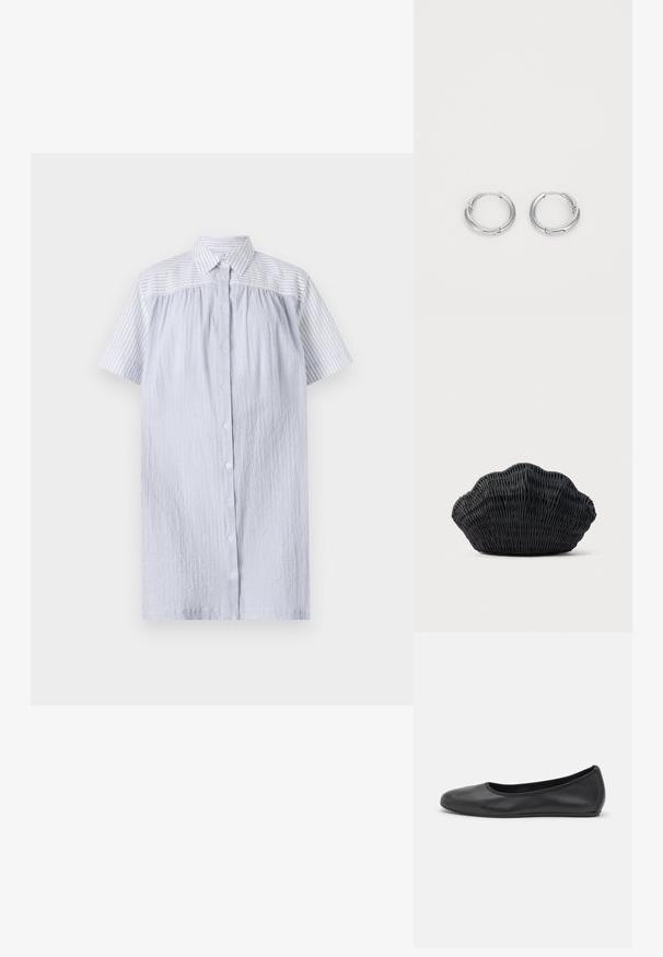 PS Paul Smith WOMENS DRESS - Tričkové šaty - blue; Čierne kožené baleríny s okrúhlou špičkou, hladkým povrchom, minimálnym prešívaním a flexibilným dizajnom podrážky.; Čierna prútená kabelka v tvare mušle s oblým horným okrajom a tkanou textúrou na jednoduchom pozadí.; Strieborné kruhové náušnice s hladkým, lesklým povrchom. Kruhový tvar s malým detailom sponky na zapínanie. Minimalistický dizajn, ľahké.