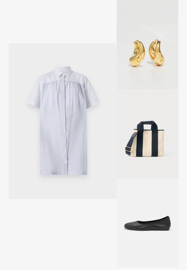 PS Paul Smith WOMENS DRESS - Paitamekko - blue; Musta nahkainen ballerina, jossa on pyöristetty kärki, sileä pinta, minimaalinen ommelkoristelu ja joustava pohjamuotoilu.; Pieni beige kangaslaukku, jossa kaksi leveää mustaa pystysuoraa hihnaa, lyhyt kahva ja säädettävä olkahihna kultaisella soljella.; Kultaiset renkaat korviksissa on sileä, kaareva muoto ja kiillotettu pinta. Niissä on sulkemismekanismi ja lievät sisennyksestä yksityiskohtia varten.