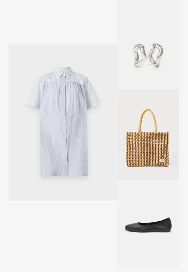 PS Paul Smith WOMENS DRESS - Blusenkleid - blue; Schwarze Leder-Ballettschuhe mit abgerundeter Spitze, glatter Textur, minimalen Nähdetails und einem flexiblen Sohlen-Design.; Gewebte Tasche in Braun und Gelb, mit rechteckiger Form, zwei Tragriemen und einer strukturierten Oberfläche mit sichtbaren Nähten und einem Markenschild.; Silberne Creolen mit gedrehtem Design. Abgerundete Kanten und glänzende Oberfläche. Offen schließende Verschlüsse für einfaches An- und Ausziehen. Glatte Textur durchgehend.