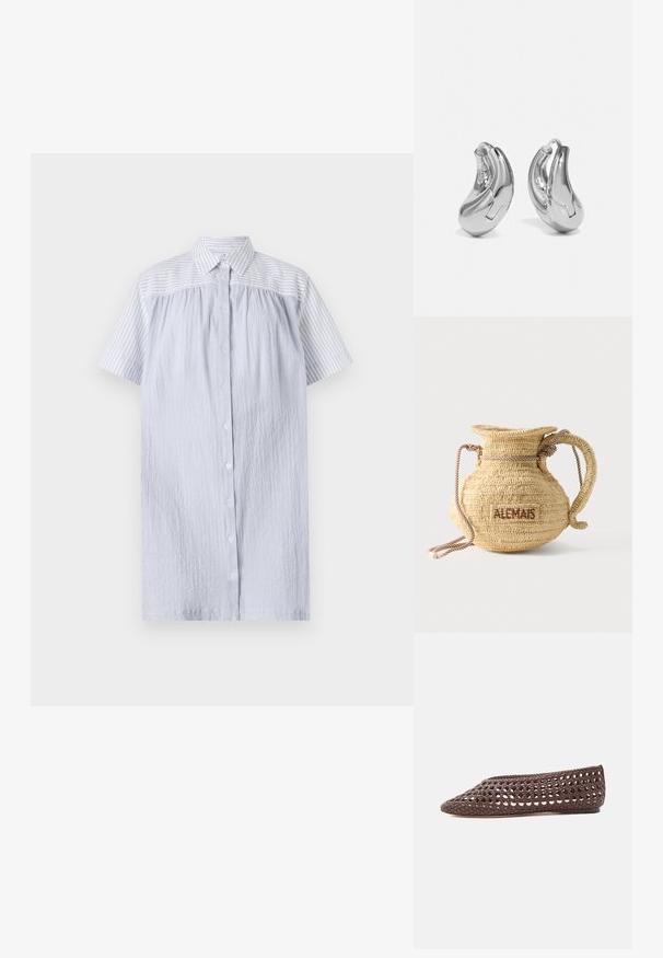 PS Paul Smith WOMENS DRESS - Blusenkleid - blue; Brauner flacher Schuh mit gewebtem Durchbruchmuster und geschlossenem rundem Zeh, seitlich auf hellem Hintergrund gezeigt.; Runde, geflochtene Strohtasche mit Kordelgriff und dem Schriftzug "ALEMAIS" auf der Seite, in braunem Garn gestickt.; Silberne Creolen mit einer gebogenen, glänzenden Oberfläche und einem nahtlosen Design. Verfügt über einen Scharnierverschluss für sicheren Halt.