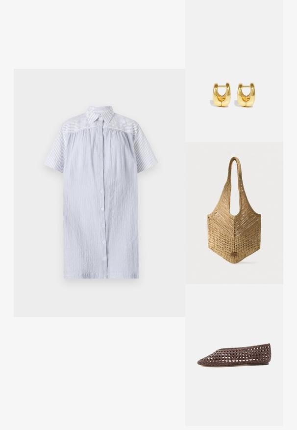 PS Paul Smith WOMENS DRESS - Tričkové šaty - blue; Hnedá nízka topánka s tkaným otvoreným vzorom a zatvorenou zaoblenou špičkou, zobrazená zboku na svetlom pozadí.; Tkaná béžová taška s dlhými rukoväťami, vzorom otvoreného tkania a malou obdĺžnikovou koženou nálepkou v dolnej prednej časti.; Zlaté kruhové náušnice s elegantným, zaobleným dizajnom. Majú prázdne vnútro a lesklý povrch, ktorý dopĺňa moderné štýly.