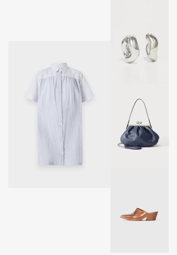 PS Paul Smith WOMENS DRESS - Tričkové šaty - blue; Bronzové lesklé mule topánky so špicatou špičkou a geometrickým blokovým podpätkom. Hladká textúra a vystúpené detaily na hornej ploche.; Mäkká námornícky modrá kožená kabelka so strieborným zapínaním, jedným ramenným popruhom a odnímateľným reťazovým náramkom na bielom pozadí.; Strieborné sochárske náušnice s hladkými, zakrivenými tvarmi a reflexnými povrchmi. Obsahujú uzavretý kruhový dizajn a výraznú organickú formu.