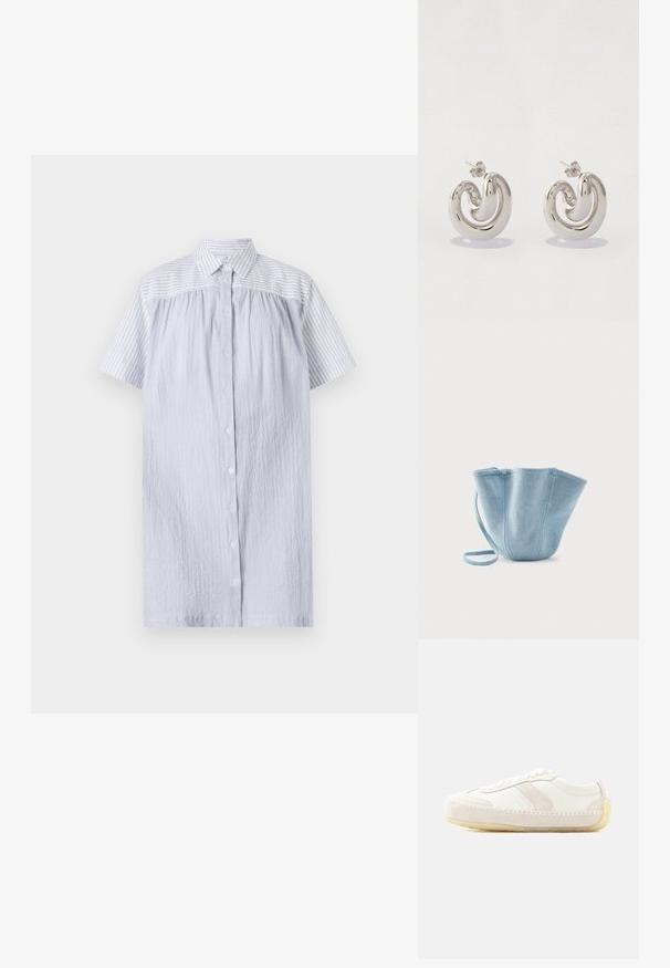 PS Paul Smith WOMENS DRESS - Paitamekko - blue; Valkoinen matala lenkkikenkä, jossa on ommellut yksityiskohdat, mokkanahkakoristukset, nyöritys ja beige kumipohja yksinkertaisella taustalla.; Vaaleansininen kangasolkalaukku, jossa pitkä hihna, leveä yläaukko ja ommellut pystysaumat, valkoista taustaa vasten.; Hopeakylkiset korvakorut, joissa on kiehkura design, sileät pinnat ja kiiltävä viimeistely, suljettuna perhosklipsillä.