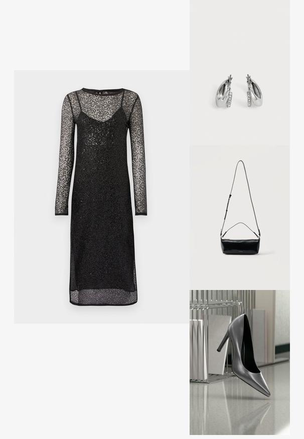 Schwarzes langärmeliges Kleid mit einer anliegenden Innenschicht und transparentem Spitzenüberzug. Verfügt über ein strukturiertes Muster und einen dezenten Glanz.; Schwarzer Highheel-Schuh, der in der Luft schwebt vor einem Metallmappe-Organizer mit Ordnern auf einer polierten Oberfläche.; Schwarze rechteckige Leder-Umhängetasche mit verstellbarem Schulterriemen, Reißverschluss oben und kleinem goldfarbenem Calvin Klein-Logo vorne.; Ein Paar silberne Creolen mit einer kleinen Reihe klarer Strasssteine auf der Vorderseite, dargestellt auf einem einfachen hellgrauen Hintergrund.