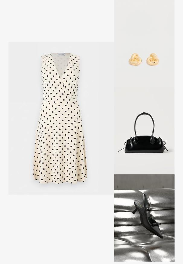 Robe crème sans manches à pois noirs, col en V style portefeuille, jupe trapèze longueur genou.; Chaussure à talon noire à bout pointu et bride arrière, avec un petit nœud, reposant sur un revêtement en cuir argenté brillant matelassé.; Petit sac à main noir brillant avec deux longues anses et des détails à cordon sur les côtés sur un fond clair uni.; Paire de clous d'oreilles en forme de nœud, couleur or brillant, sur un fond blanc uni.